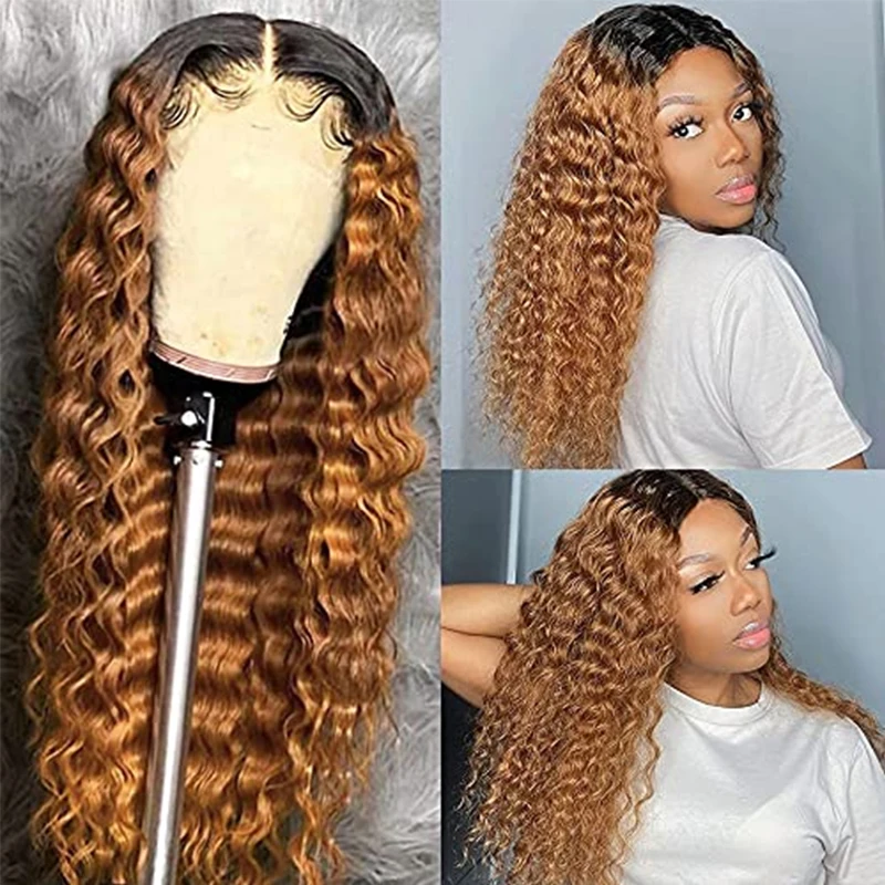 

Soft Preplucked Glueless Ombre Honey Blonde 26 Inch Long 180% Density Kinky Curly Lace Front Wig For Black Women Babyhair Daily