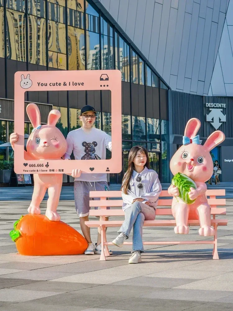 Cartoon Rabbit Sculpture Chinese Zodiac Decoration Fiberglass Outdoor Shopping Mall Punch-in Floor Light-Emitting Decorations