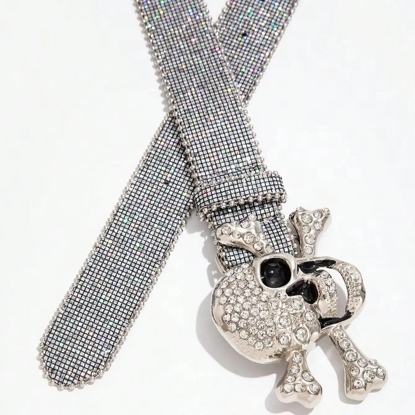 1pc women's Y2K rhinestone skull buckle silver belt, American-style cool and sweet versatile denim belt view 3