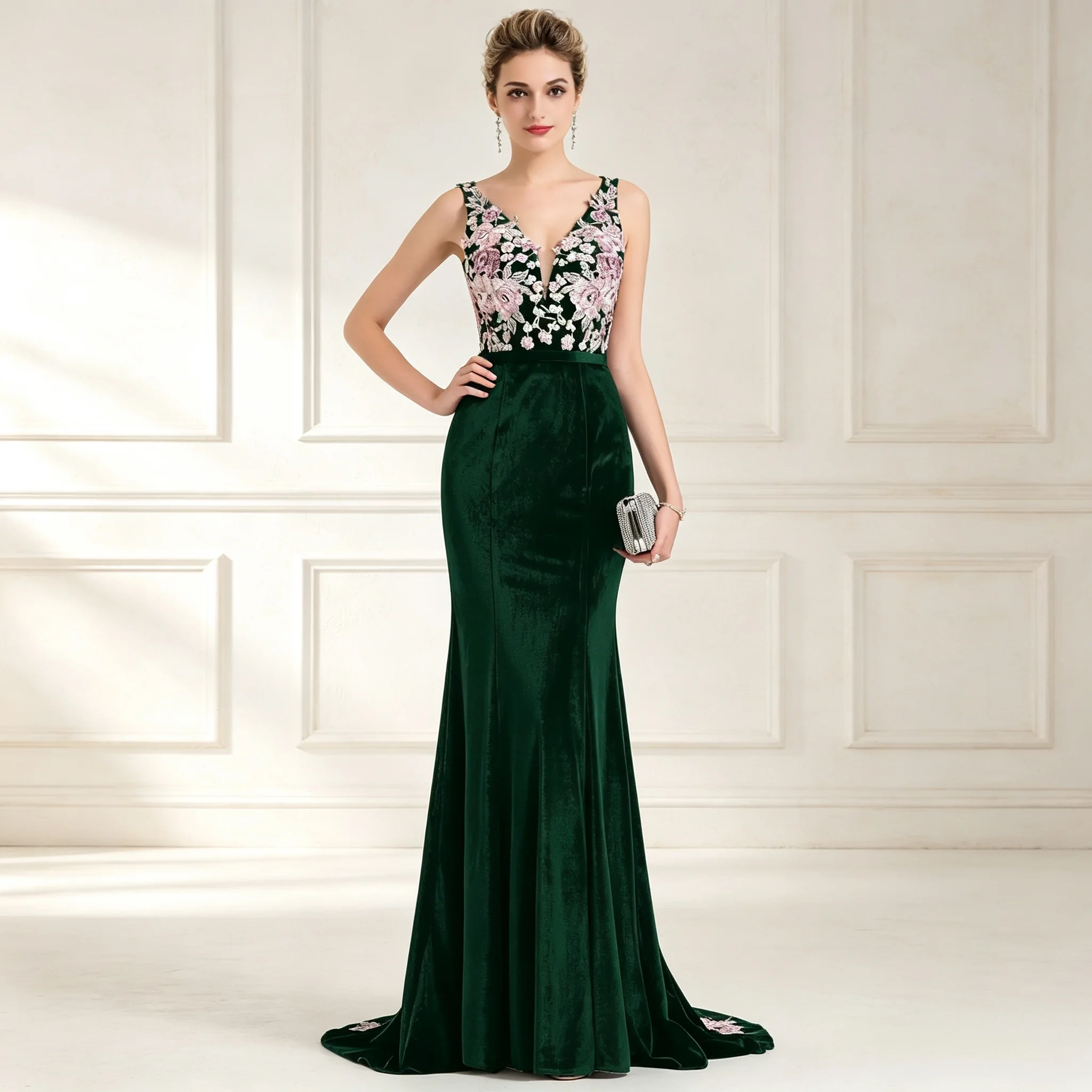 Floral Embroidered Applique Deep V Neck Velvet Mermaid Evening Dress Sleeveless Mother of the Bride Wedding Party Gown Customize