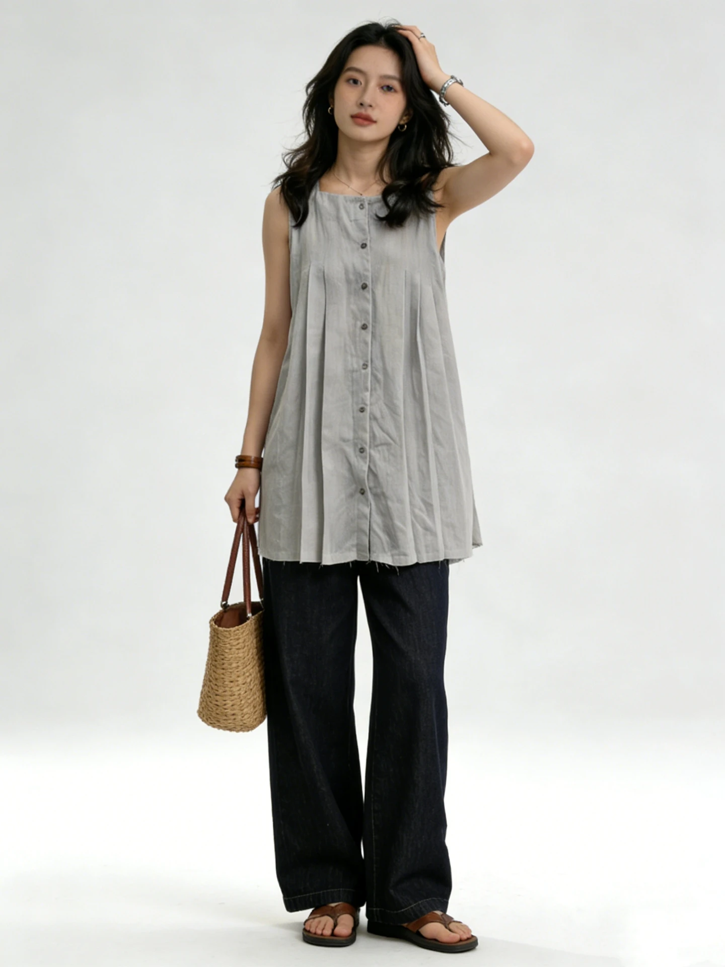 

Серый жилет без рукавов с открытыми плечами в корейском стиле, женский модный топ свободного кроя на одной пуговице, однотонный, повседневная одежда