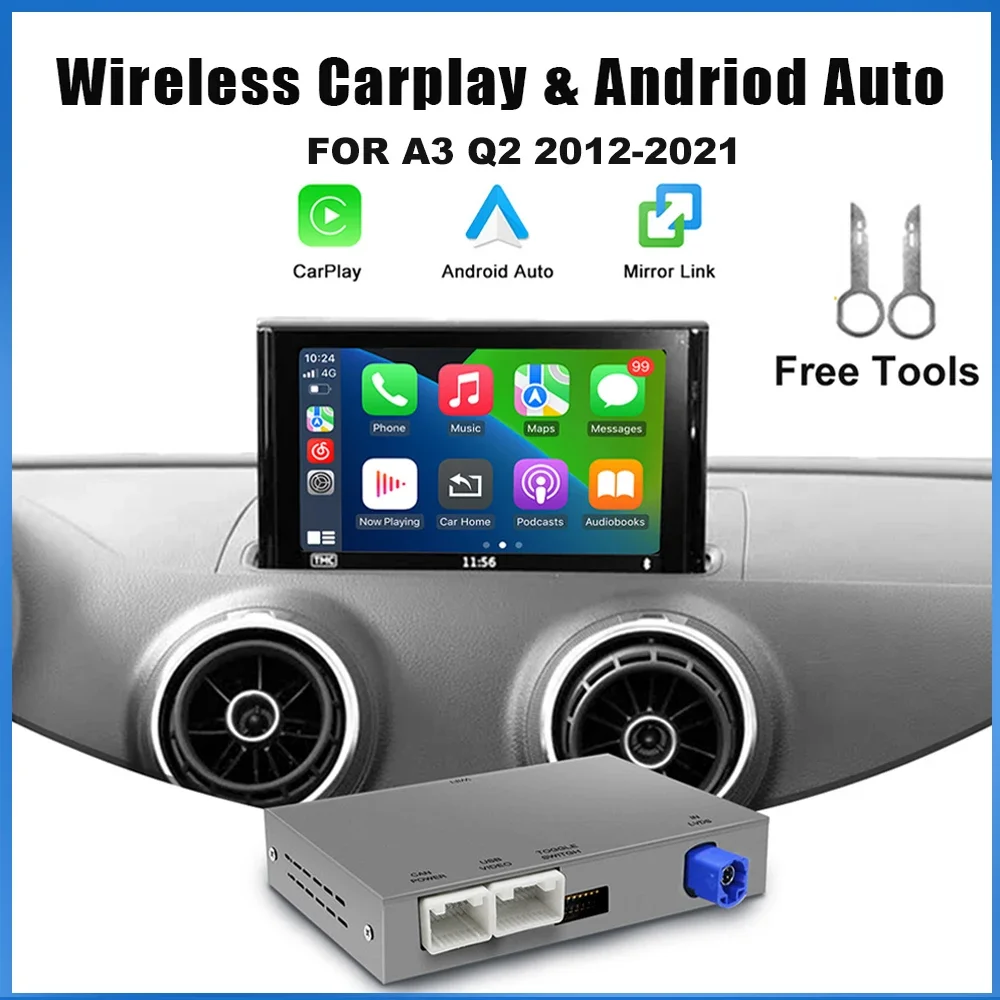 Kabelloser CarPlay Android Auto Adapter für Audi A3 Q2 8v 2013-2020 Mirror Link AirPlay Bluetooth GPS-Navigation, unterstützt Kamera.