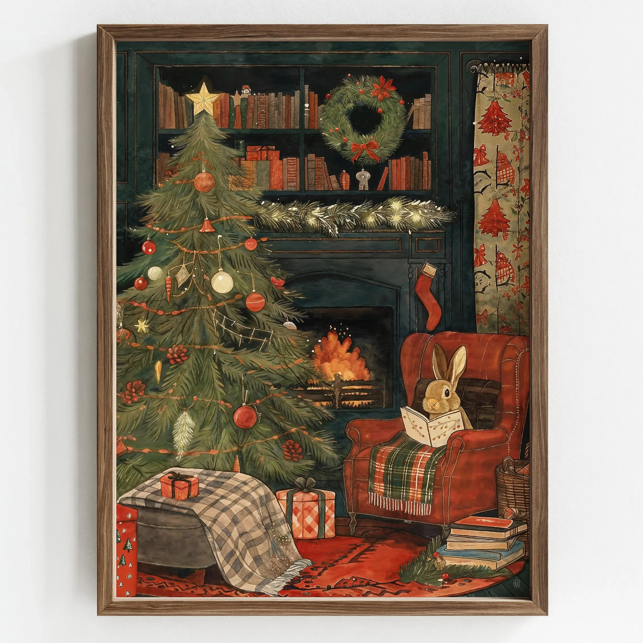 1pc frameless Christmas Bunny Art Print Cozy Holiday Fireplace Wall Decor Reading Nook Illustration Poster, Christmas Easter Fes