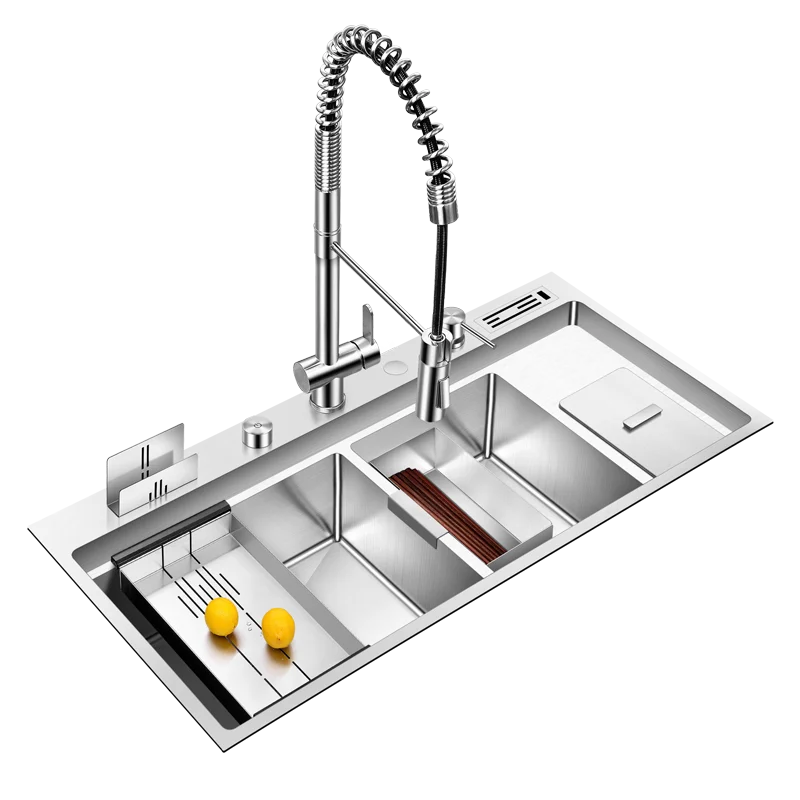 

ASRAS 9848L 304 Stainless Steel Double Kitchen Sink, Thickened Panel 4mm, Built-In Independent Trash Bin