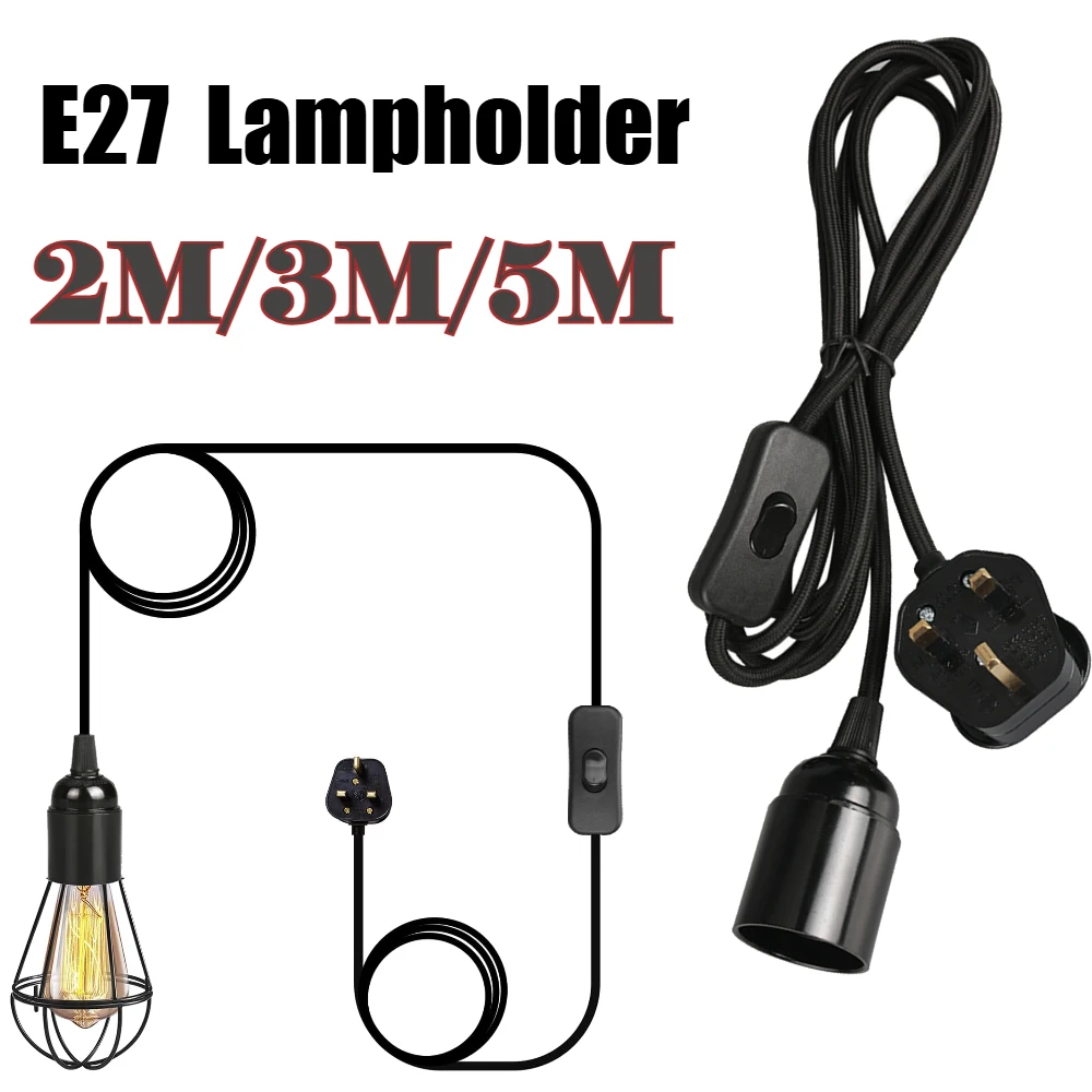 1Pcs E27 Bulb Holder with Switch Plug Pendant Lighting Extension Light Cable Retro Hanging Lampholder Light Fitting UK Plug