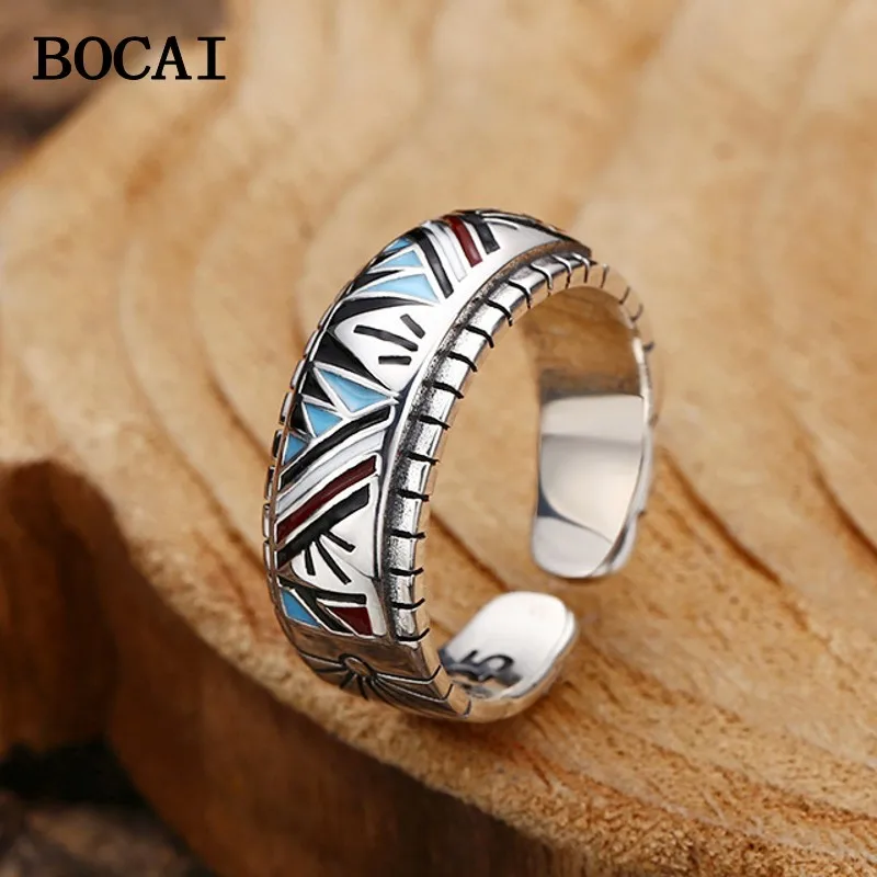 BOCAI New S925 Sterling Silver Vintage Personalized Trendy Geometric Open End Ring Men's and Women's Styles