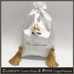 20PCS Luxury Hair Wigs Packaging Gift Bag Silk Ribbon Tassel Satin Bags Storage Pouch Print Logo Custom Bag 15x20 18x30 30x40cm