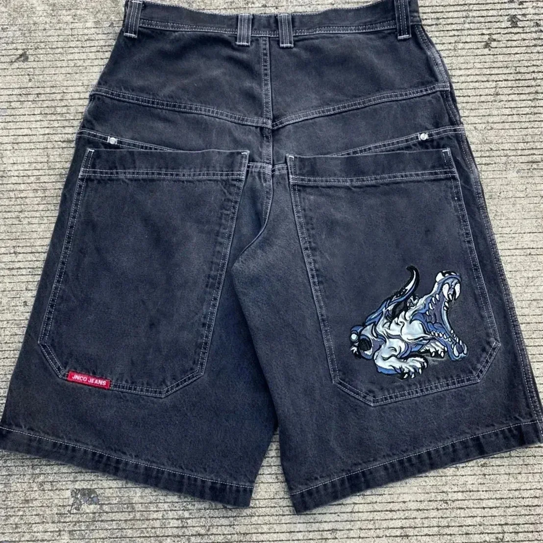 JNCO-ropa de calle con estampado de esqueleto Retro para hombre, pantalones cortos Y2K, pantalones vaqueros holgados, pantalones cortos de gimnasio,