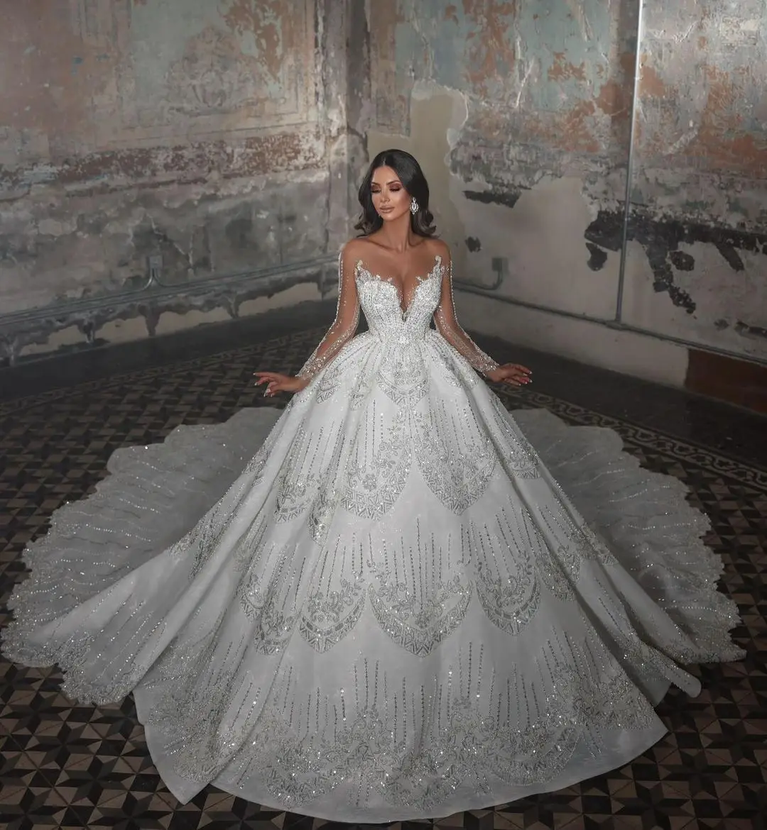 FATAPAESE Luxurious Wedding Dress Princess Dresses Strapless Beading Illusion Sleeve Sweatheart Dress Fluffy Bride Gown платье