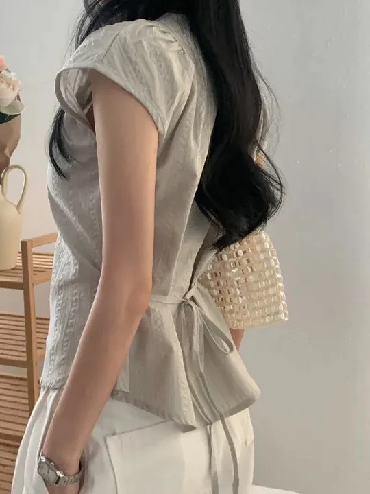 Ele Chic ort Sve irt Women's round Ne Rope Waist Tie Summer New Sle Classy Top Quali Material Faionable Wo...