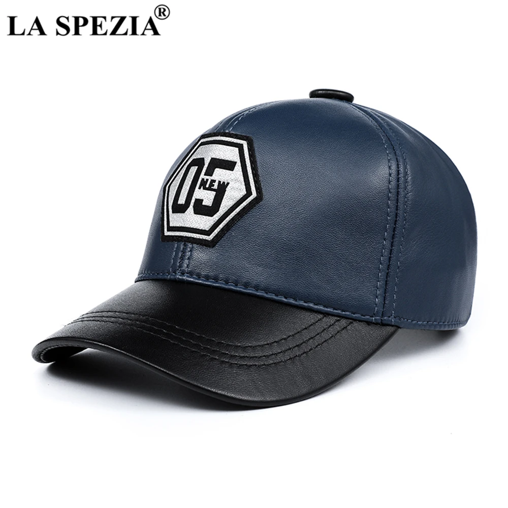 LA SPEZIA Genuine Leather Baseball Cap Men Women Blue Black Patchwork High Quality Male Female Winter Dad Cap