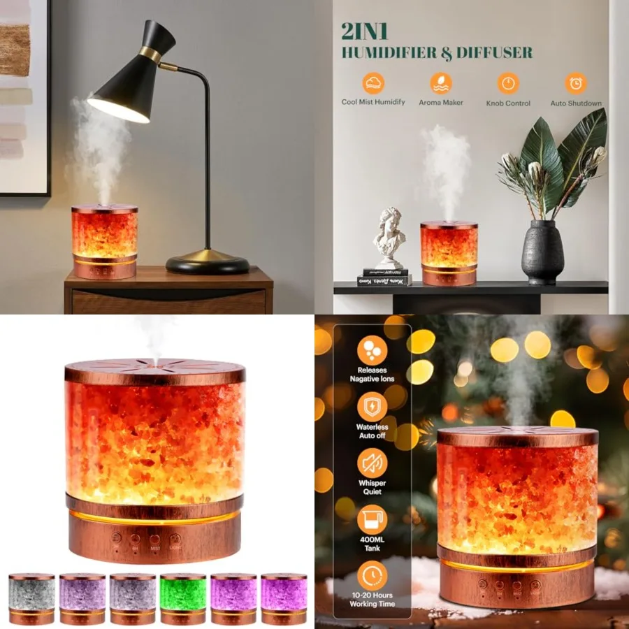 

Essential Oil Diffuser Himalayan Salt Lamp Combo 400ml Ultrasonic Cool Mist with 7 Color Changing LED Perfect for Large Rooms A