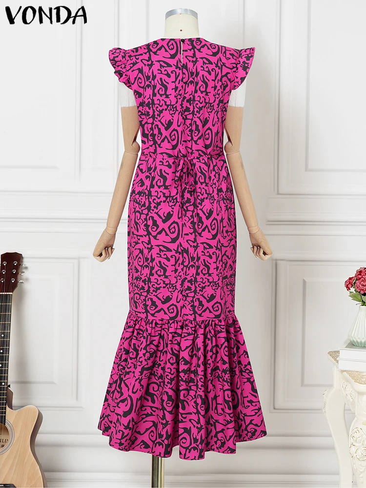 VONDA Plus Size 5XL Women Summer Maxi Dress Sleeveless Bohemian Print Long Sundress 2025 Fashion Patchwork Ruffled Beach Vestido