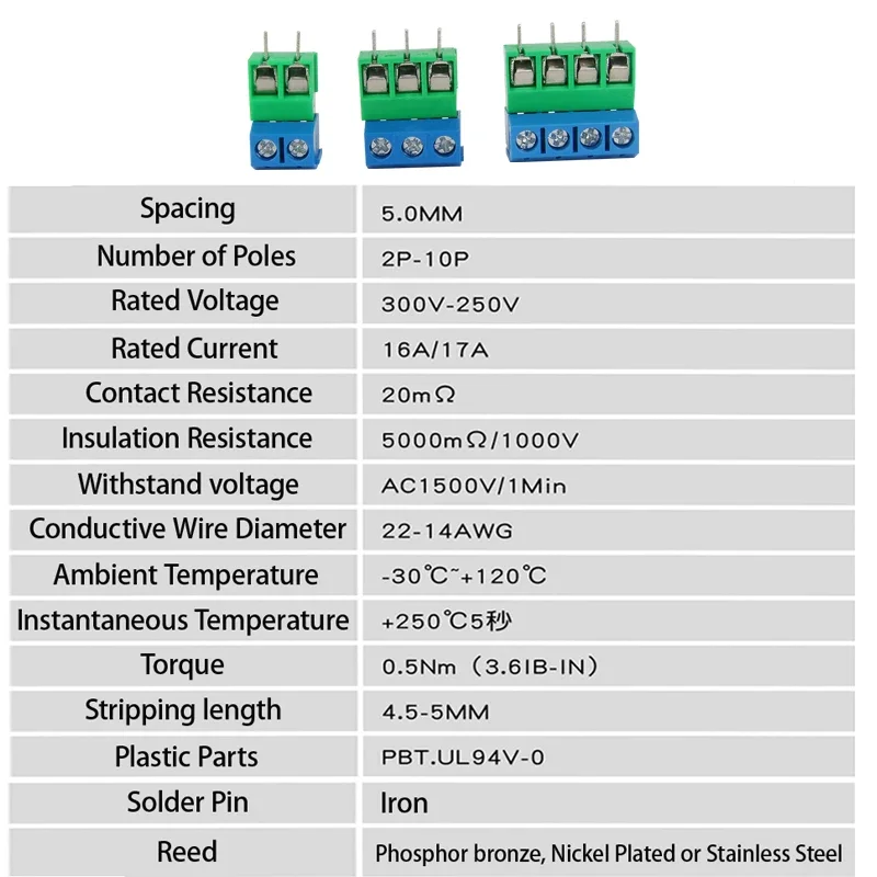 10/20/50Pcs/lot KF301-5.0-2P KF301-3P KF301-4P Pitch 5.0mm Straight Pin 2P 3P 4P Screw PCB Terminal Block Connector Blue Green