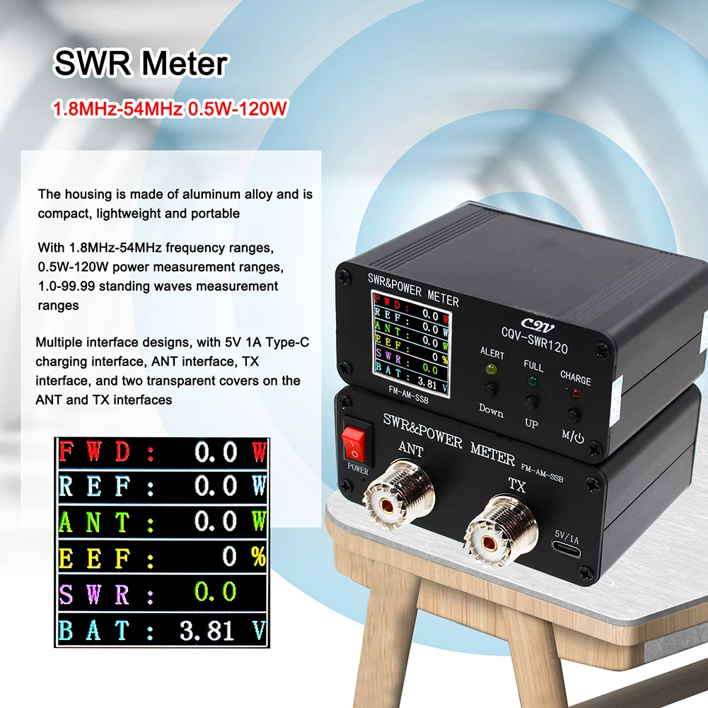 

CQV-SWR120 Power Standing Wave Meter 240 * 240 Full Color HD Display FM-AM-SSB Mini SWR Meter High Standing Wave Alarm 120W