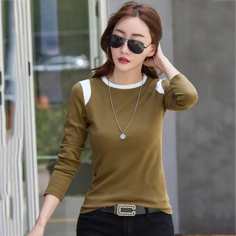 New Women Long Sleeve T-shirt Spring Autumn Fashion Patchwork Contrast Color O-Neck Slim Basic Tees Tops Casual Bottoming Shirt