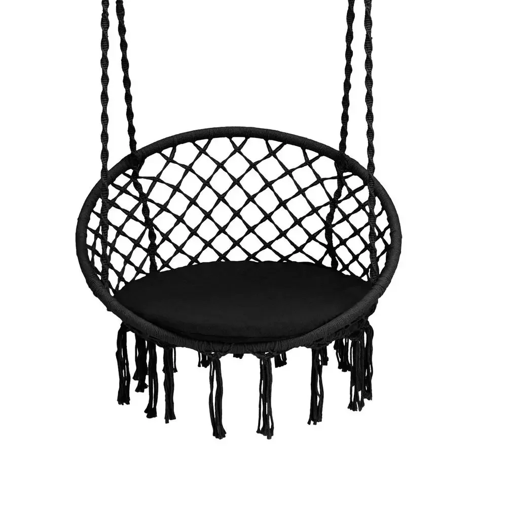 Hanging Hammock Swing Chair With Soft Padded Cushion And Decorative Tassels, Sturdy Woven Rope Design Supports 330 Lbs, Includes Complete Hanging Kit For Easy Installation, Ideal For Indoor Outdoor Balcony Porch Backyard Relaxation, Black