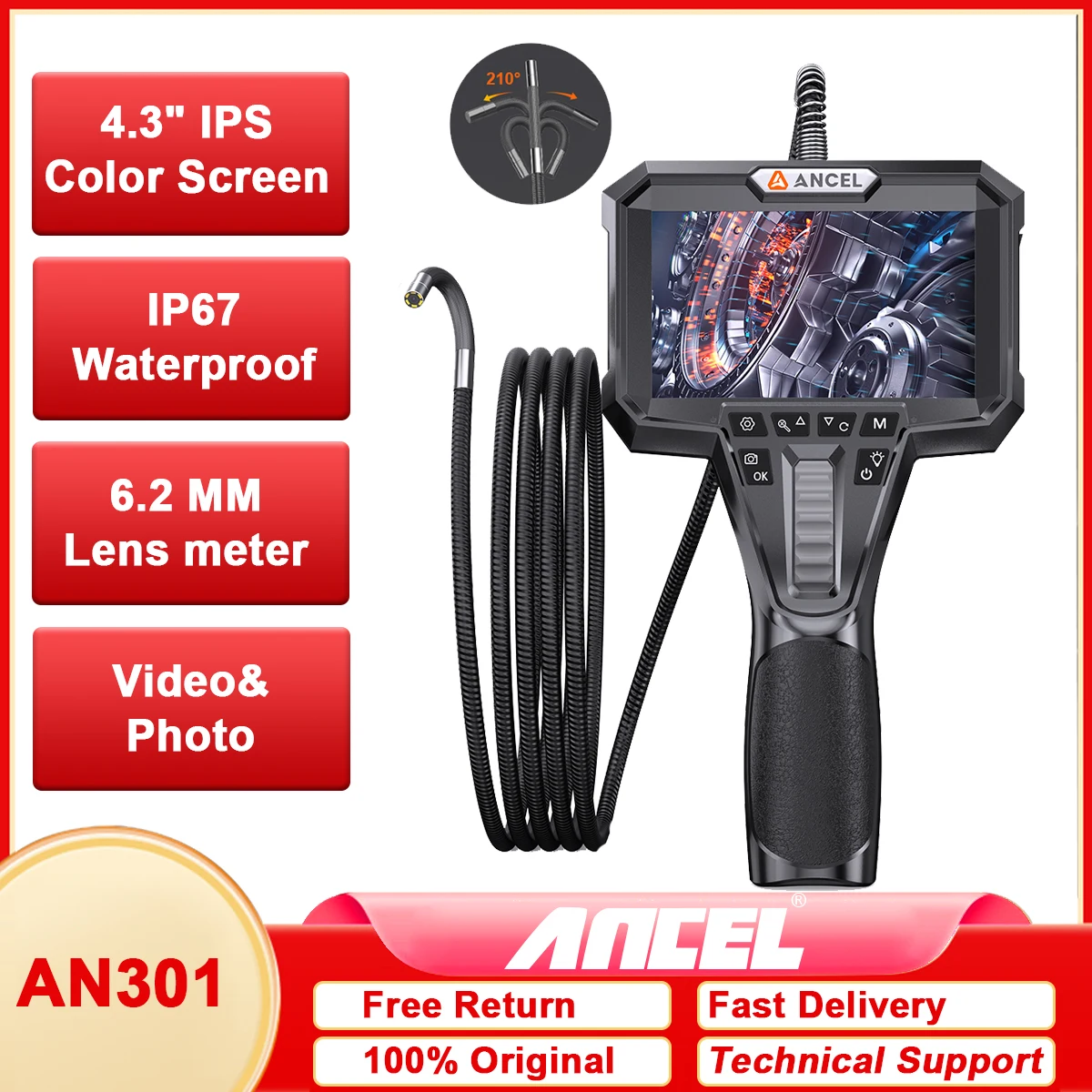 

Автомобильный эндоскоп 2025, экран 4,3 дюйма, подходит для трубопровода 6,2 мм, линии 1,6 м, промышленная инспекционная камера, эндоскоп ANCEL AN301