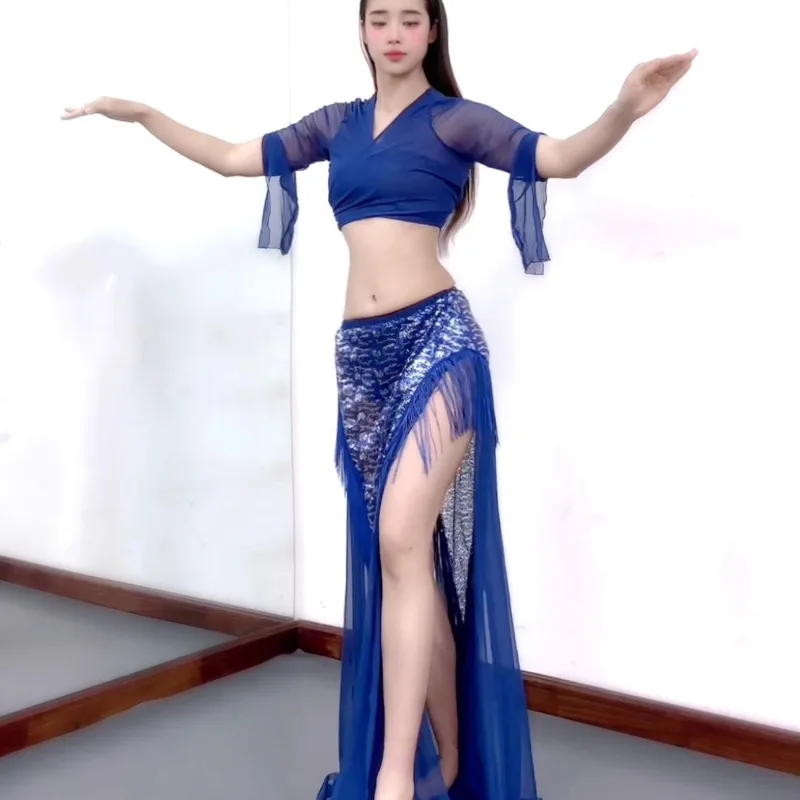 Trajes de dança do ventre personalizados novo conjunto vestido de desempenho vestido de classe sexy temperamento fada prática azul lantejoulas borla vestido