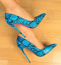 ALMUDENA Pink Sole 12cm Thin High Heels Blue Snakeskin Evening Banquet Shoes Shallow Cut Python Pointed Toe Dress Pumps 10cm 8cm