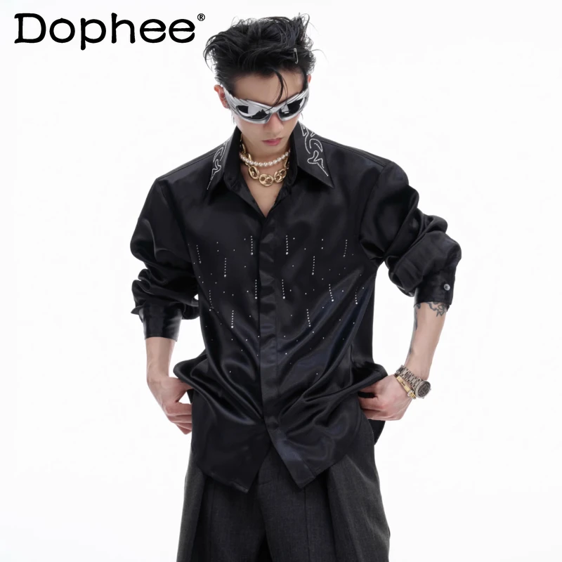 

Men's 2025 Autumn New Solid Color Silk Satin Shirts Fine Flash Hot Diamond Shirt Elegant Loose Trendy Versatile Cotton Chic Tops