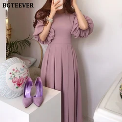 BGTEEVER Spring Summer Lantern Sleeve Women A-line Dress Elegant Slim Waist Lace-up Female Pleated Dress Ladies Vestidos