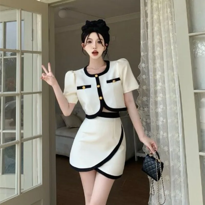 Small Fragrant Wind Suit Skirt Summer  Fashion Temperament Foreign Style Korean Version Contrast Suit Jacket High Waist Skirt