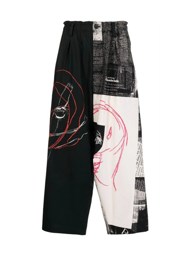 FANTASTION Pantaloni con stampa di giornali vintage Design elastico in vita Pantaloni casual larghi e oversize Pantaloni a gamba larga