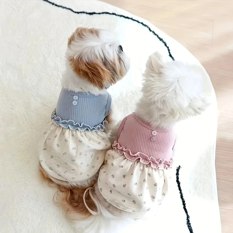 1pc Pet Dress, Cute Princess Floral Skirt For Small & Medium Dogs, Soft Fabric, Spring/Summer/Autumn, Available In Pink And Blue