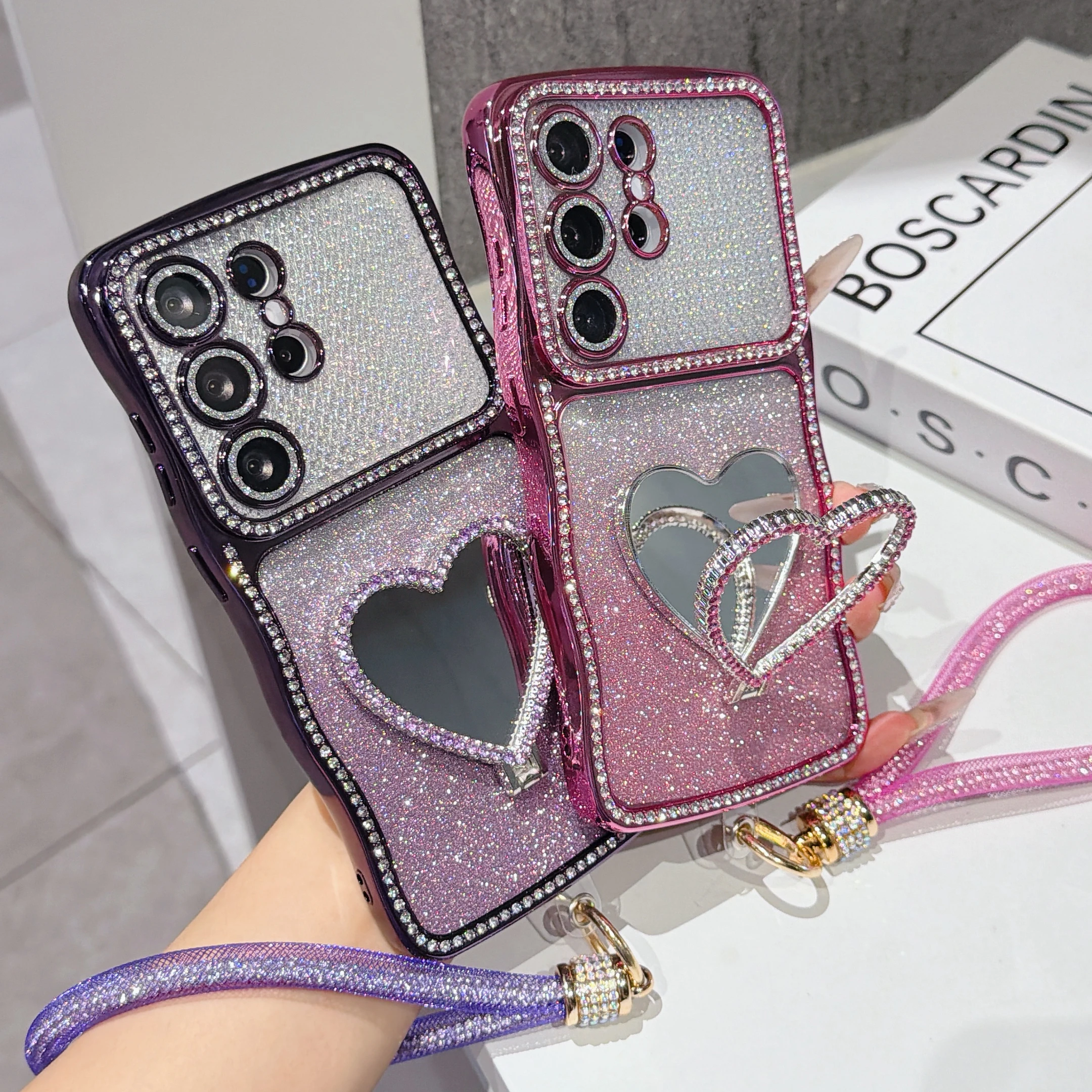 Gradient Glitter Rhinestone Phone Case For Samsung Galaxy S26 Ultra S25 S24 Plus Heart-shaped Mirror Stand Strap Bling Cover view 2