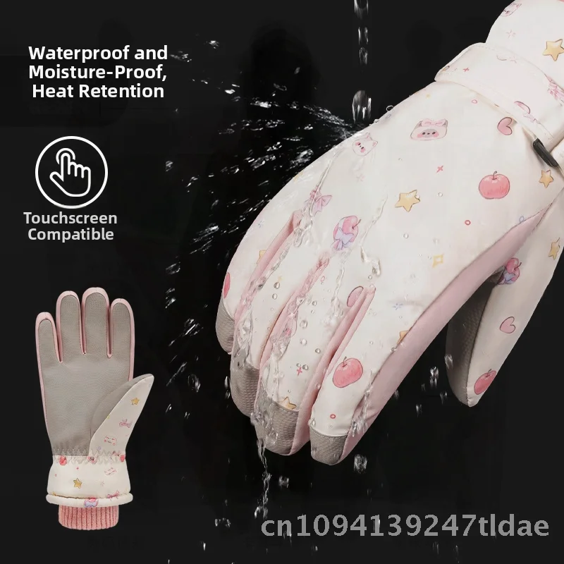 여성을위한 귀여운 새끼 고양이 스키 장갑 겨울 방풍 방수 양털 안감 두꺼운 따뜻한 미끄럼 방지 손가락 야외 사이클링 장갑