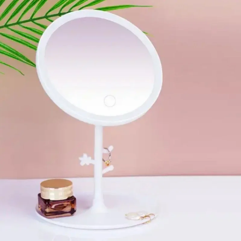 LED Makeup Mirror with Light Ladies Storage Makeup Lamp Desktop Vanity Mirror Round Shape Cosmetic for Mirrors Women