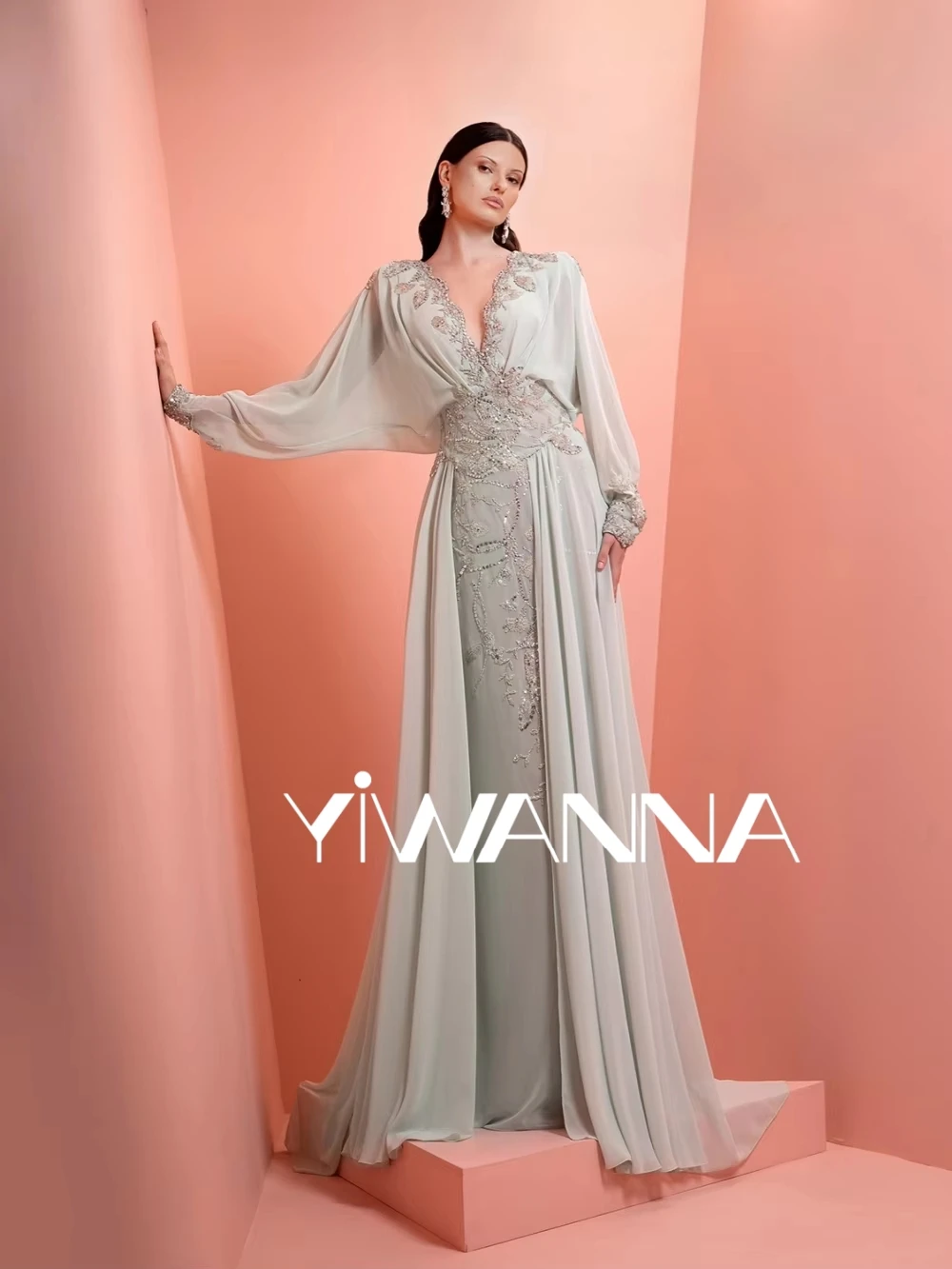 

Mint Green Beaded Chiffon A-line Evening Dress V-neck Long Sleeved Wedding Party Gown 2026 New Customized Gorgeous Prom Dresses