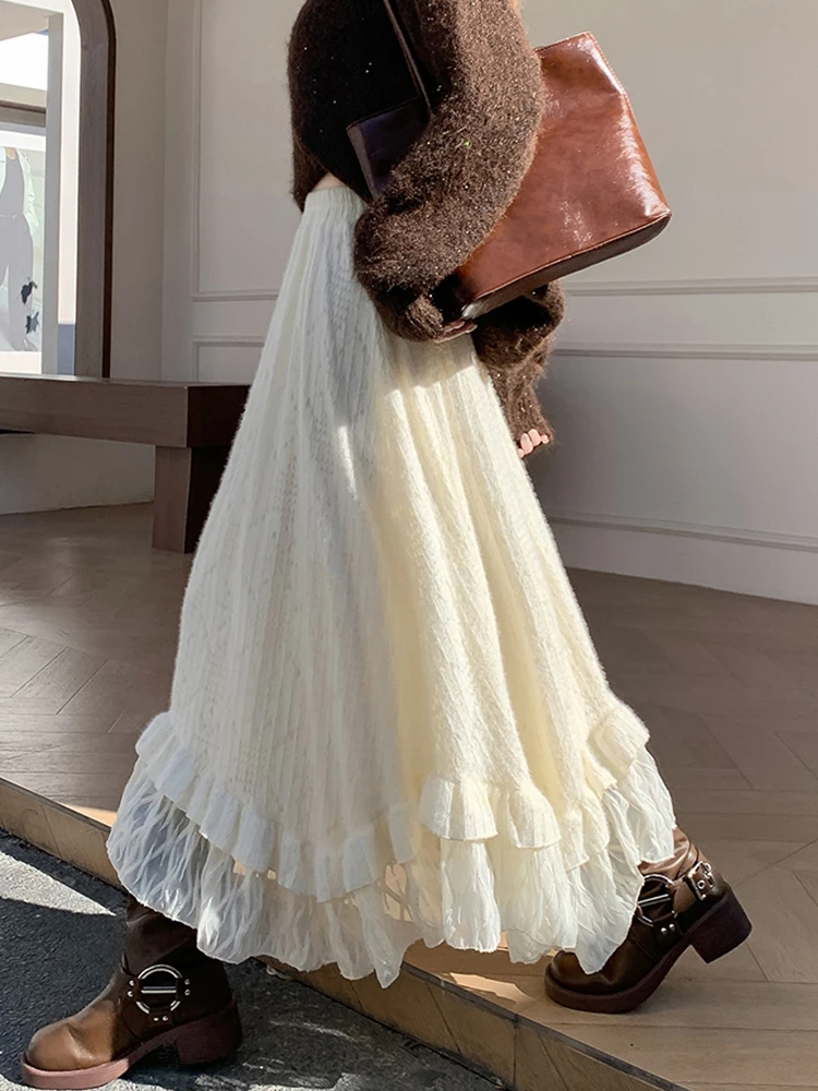 

Элегантная повседневная юбка миди для женщин в стиле преппи, А-силуэт, с оборками, пэчворк, свободного кроя, с высокой талией, для студенток, в стиле кавай, весна-осень