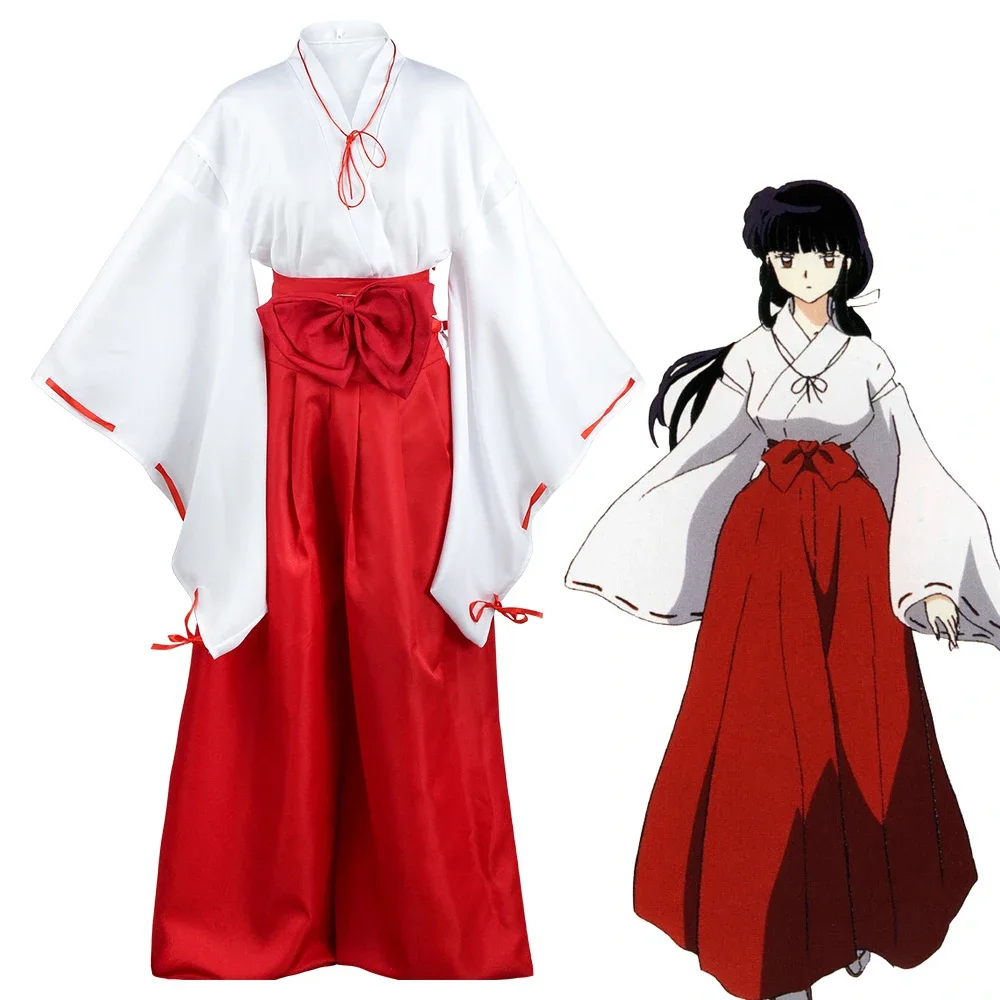 Anime Inuyasha Kikyo Cosplay Dress Girls Red White Kimono Cosplay Costume Halloween Christmas Party Uniform Kimono Set Shoe Wig