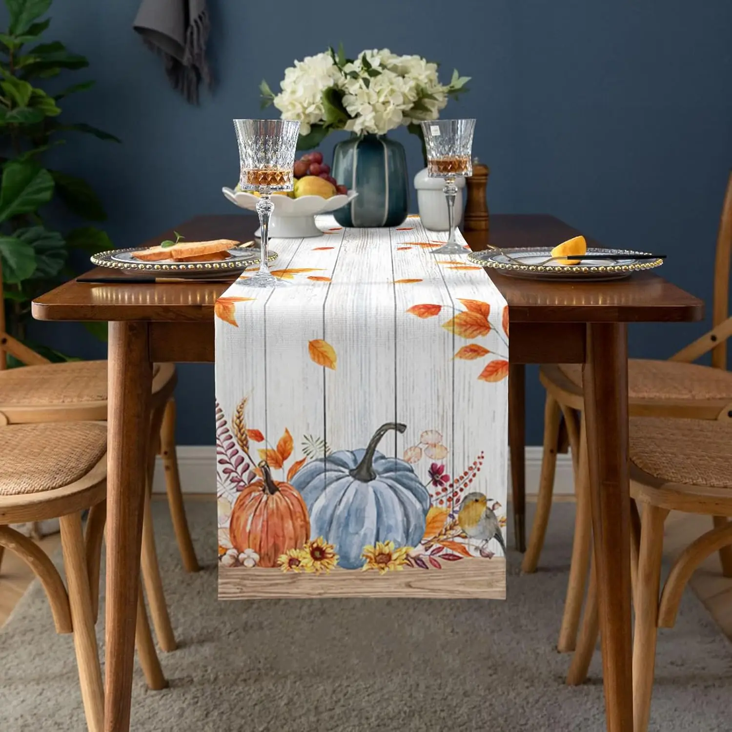 Thanksgiving Maple Leaves Bird Wood Linen Table Runners Wedding Decoration Washable Kitchen Dining Table Runners Party Supplies