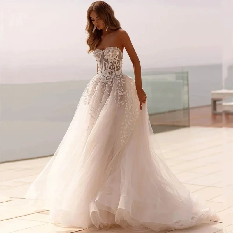 

Sexy Sweetheart Collar Women Wedding Dresses Celebrity Wedding Custom Made A-Line Bridal Gowns Mopping Length Vestidos De Novias