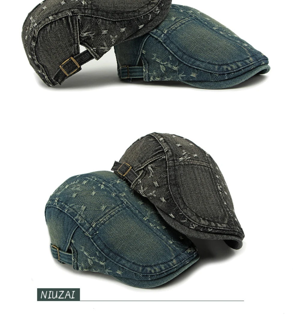 HT4728 Herren- und Damen-Baskenmützen, Verstellbare Ivy-Flatcaps, Künstler- und Malermützen für Frauen, 100% Baumwolle, Hochwertige Denim-Baskenmütze – Detail 4
