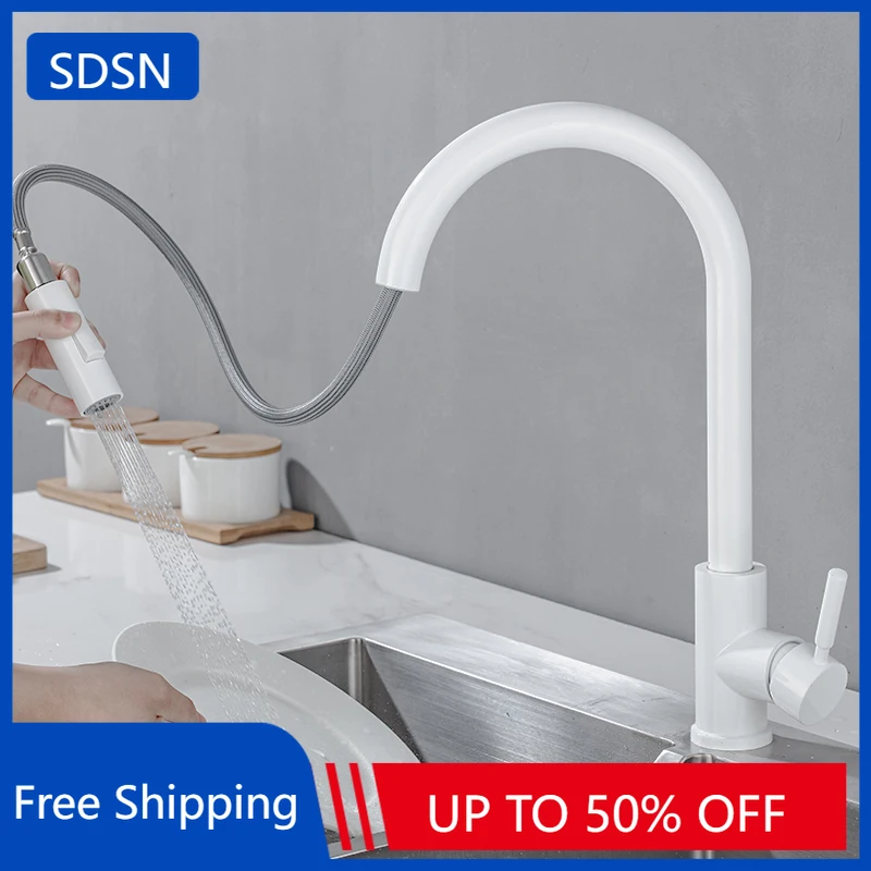 

White Pull Down Kitchen Sink Faucets Quality Stainless Steel Pull Out Kitchen Sink Mixer Faucet Hot Cold Kitchen Sink Mixer Tap