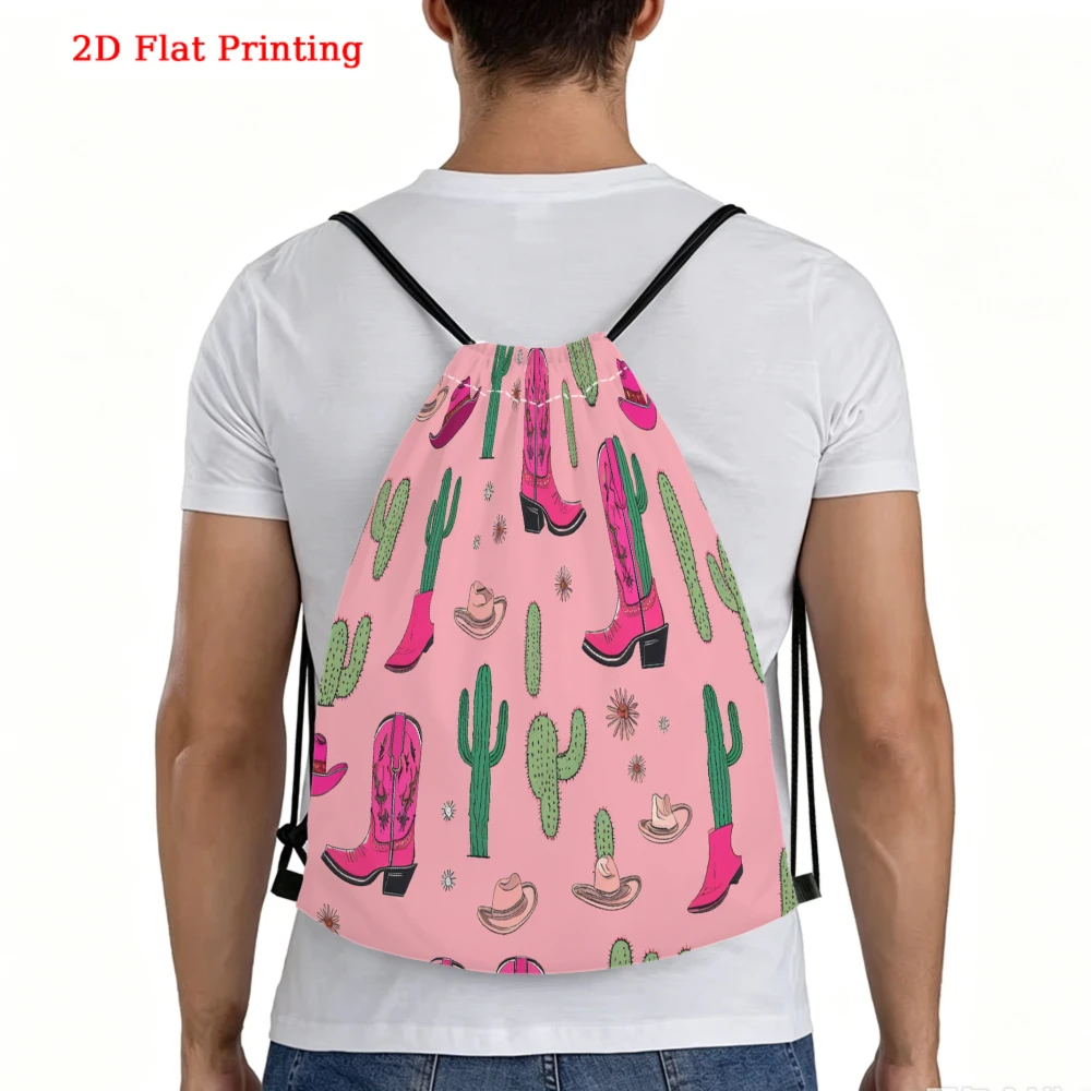Western Style, Drawstring Backpack, Pink Cactus And Cowboy Boots Pattern, Gym Sports Bag, Outdoor Travel Drawstring Bag