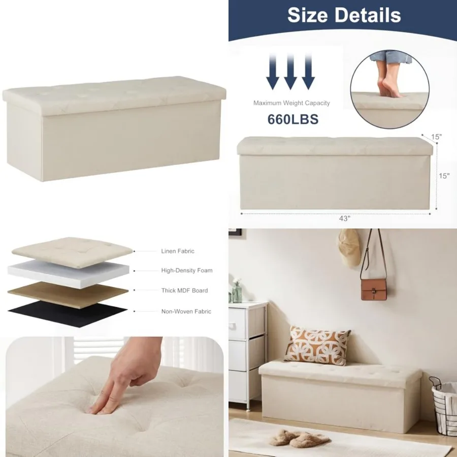 

43in Foldable Storage Ottoman Bench, Storage Chest, Large End of Bed Feet Rest Stool with Padded Seat, Bedroom Bench for Living