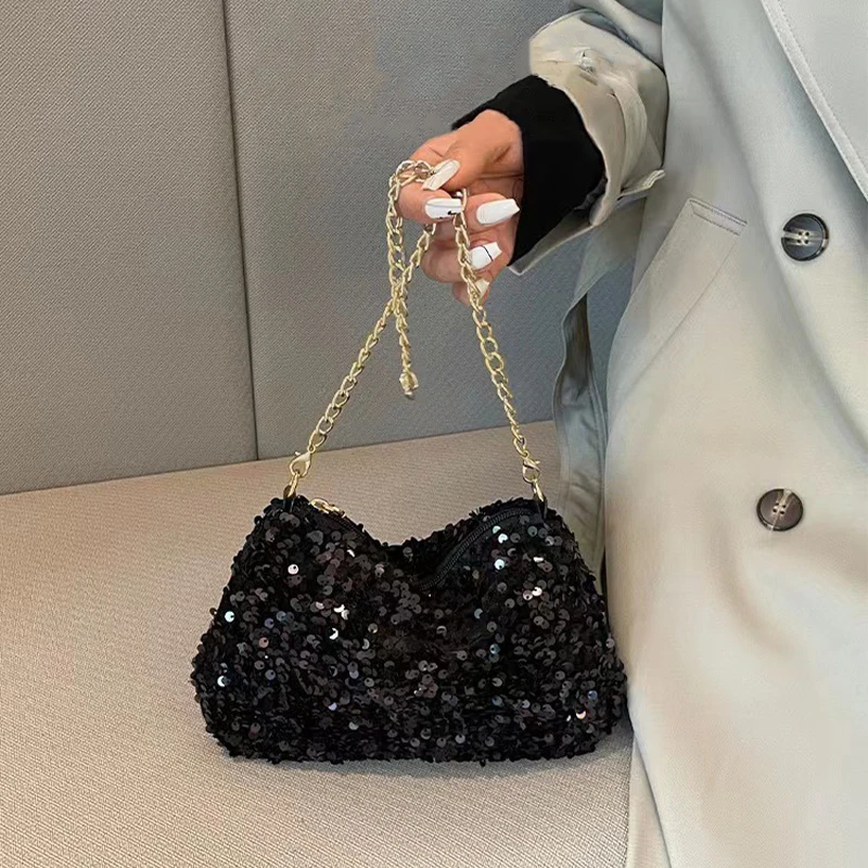 Solid Color Sequins Crossbody Bag Simple Chain Ins Small Square Bag Handbag Underarm Bag Evening Clutch Bag Female