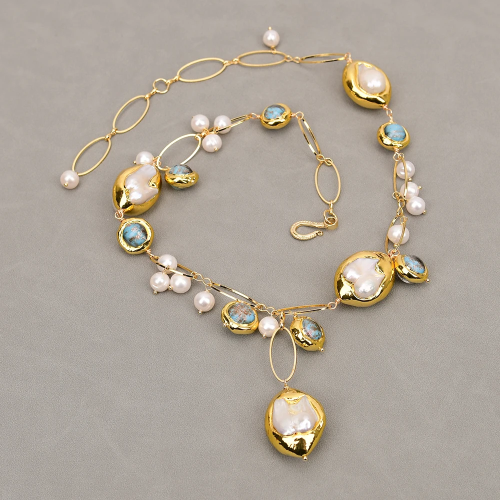 

G-G Freshwater Cultured White Keshi Pearl Baroque Tooth Mabe Pearl Blue Murano Glass Necklace Handmade Lady Party Gifts