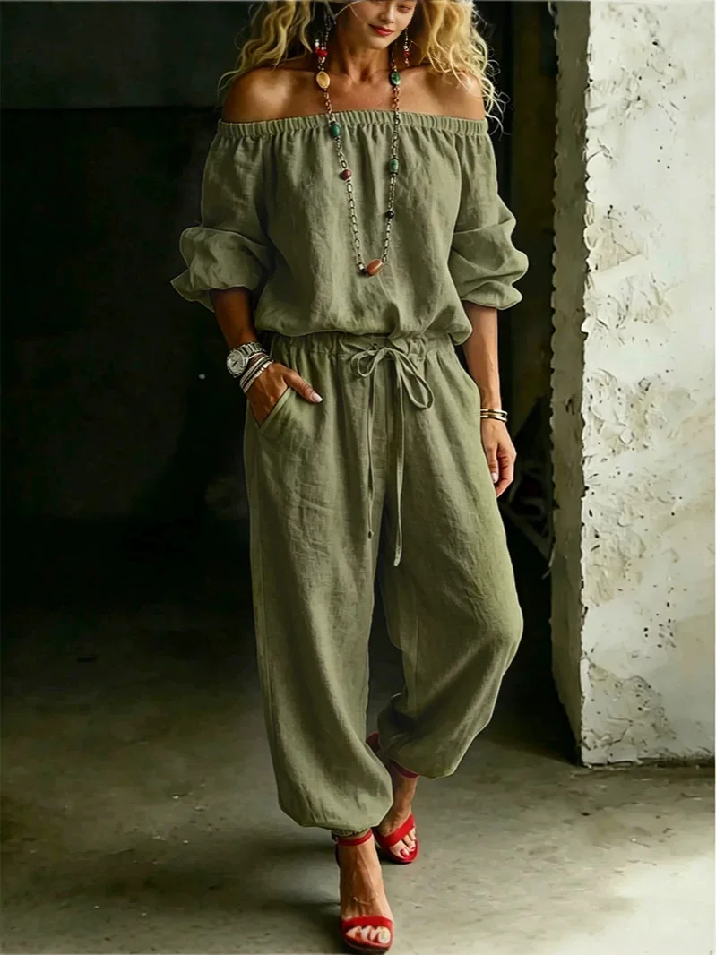 

Casual Suit Women 2026 Fashion SUMMER One shoulder top Round Neck Short Sleeve Top Elastic Waist Trousers Two Piece Set