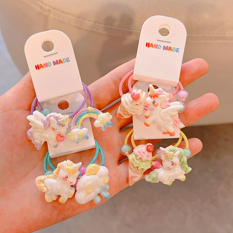 2PCS Cartoon Ice Cream Unicorn Girls Elastic Hair Bands Princess Lovely Hair Accessories Children Hair Ties Baby Headwear