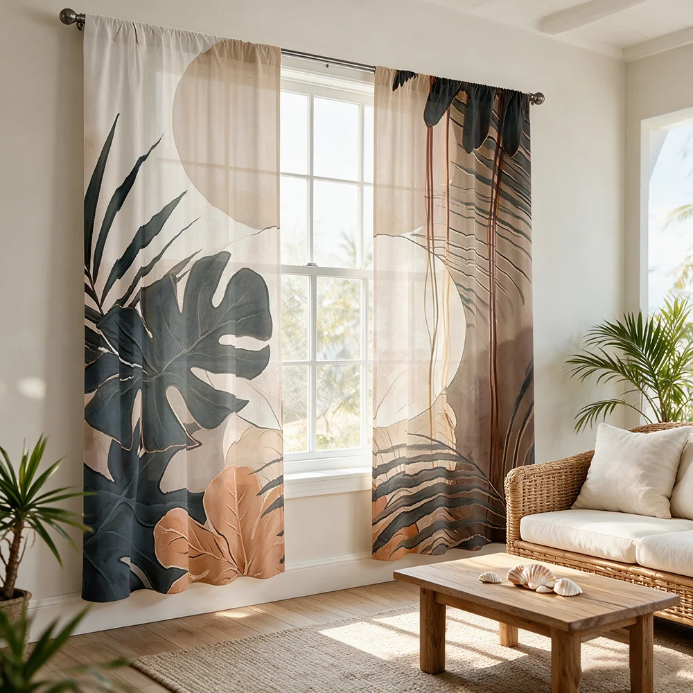 2pcs Earthy Tone Boho Botanical Curtains, Brown Tropical Monstera Palm Leaf Print Light Filtering Window Drapes