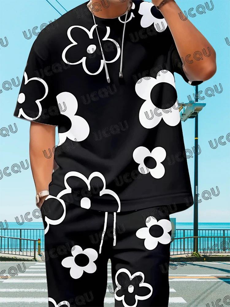 

Cartoon Flower 3D Print Short Sleeve Shorts Set Summer Daily Casual Men's Tracksuit Suits Men Beach Tshirts Shorts Male Clothing
