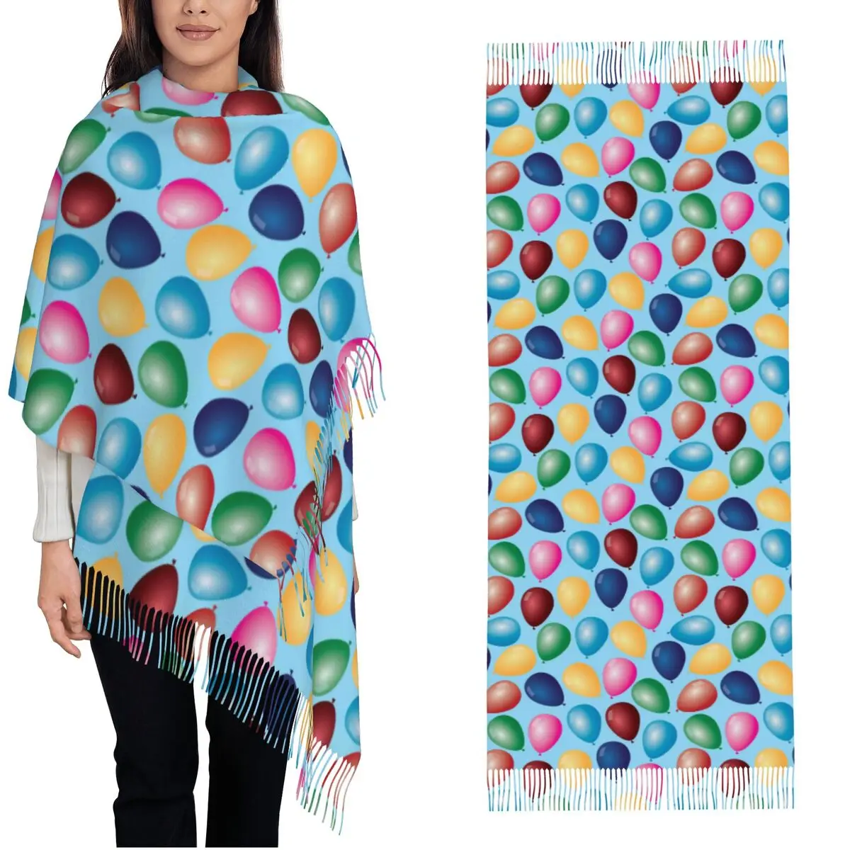 カラフルな風船柄タッセル付きスカーフ、暖かいショール、女性用グラフィックヘッドスカーフ、冬用ヴィンテージスカーフ
