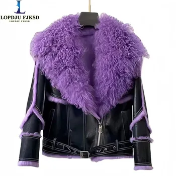 Manteau en Vraie Fourrure de Lapin pour Femme, Veste en Daim, Col en Fourrure Naturelle Woo de Mouton, Accessoire d'Optique Féminine, Haute Qualité, Hiver 2024