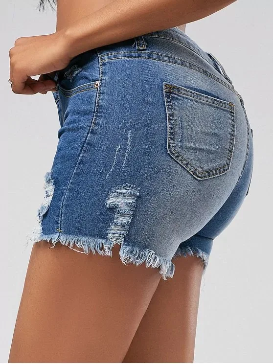 Ripped Fringe Denim Shorts For Women Dark Blue Jeans Shorts view 4